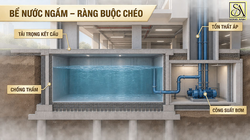 Bể nước ngầm ảnh hưởng tải trọng kết cấu chống thấm tổn thất áp và công suất bơm